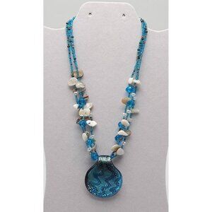 Handcrafted Blue Glass Pendant Necklace Beads Shell Accents By Cookie Johnson